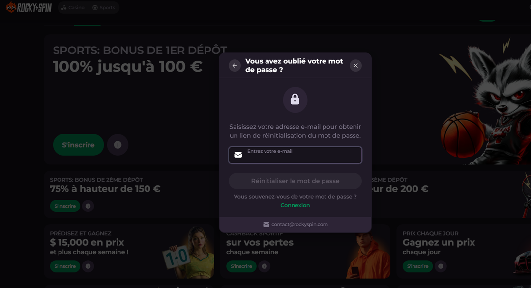 Récupération du mot de passe de Rocky Spins Casino Online